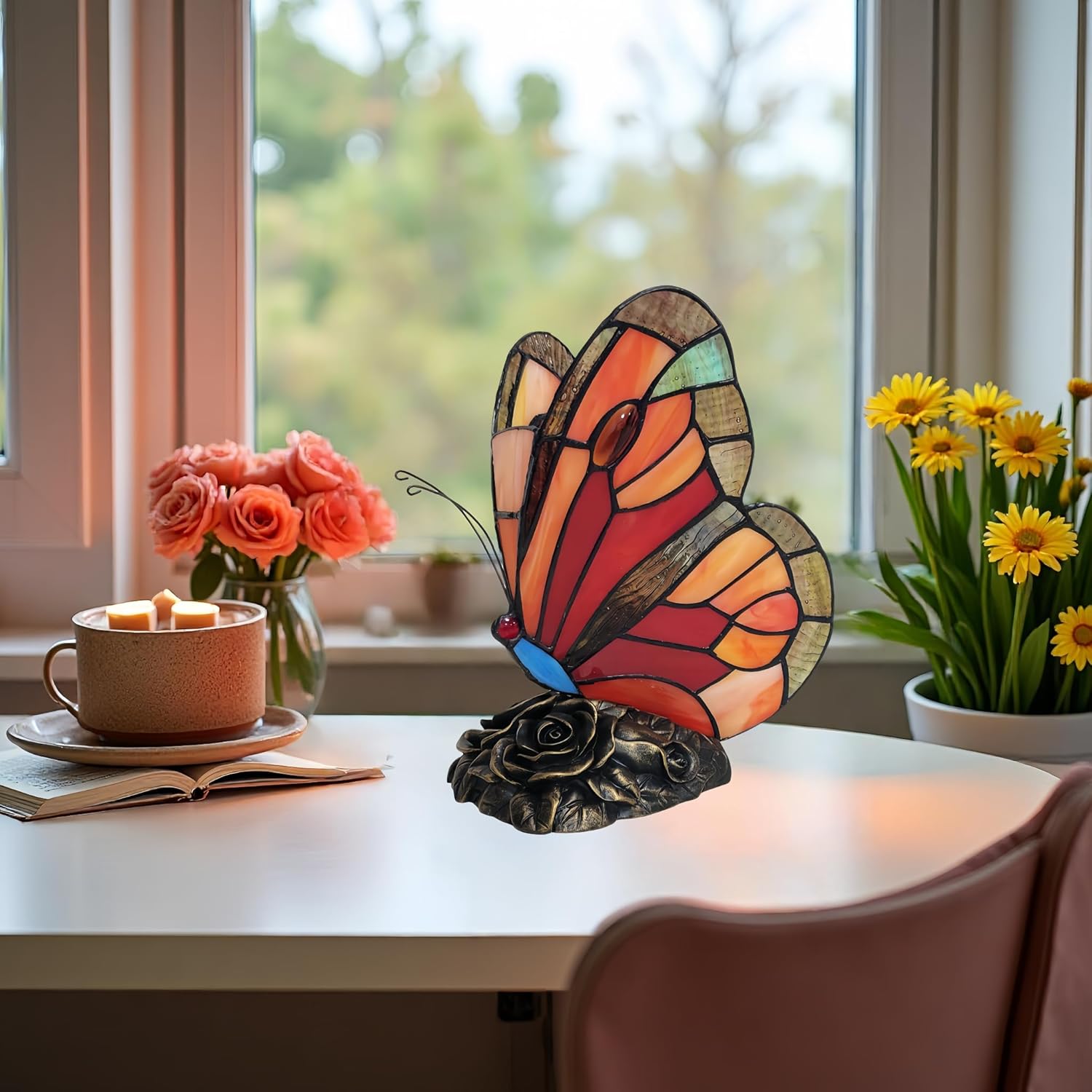 Tiffany Style Bedside Table Lamp Yellow Butterfly Rose Nightstand Lamps Stained Glass Shade Home Decor Office Desk Lamp LED Bulb Included
