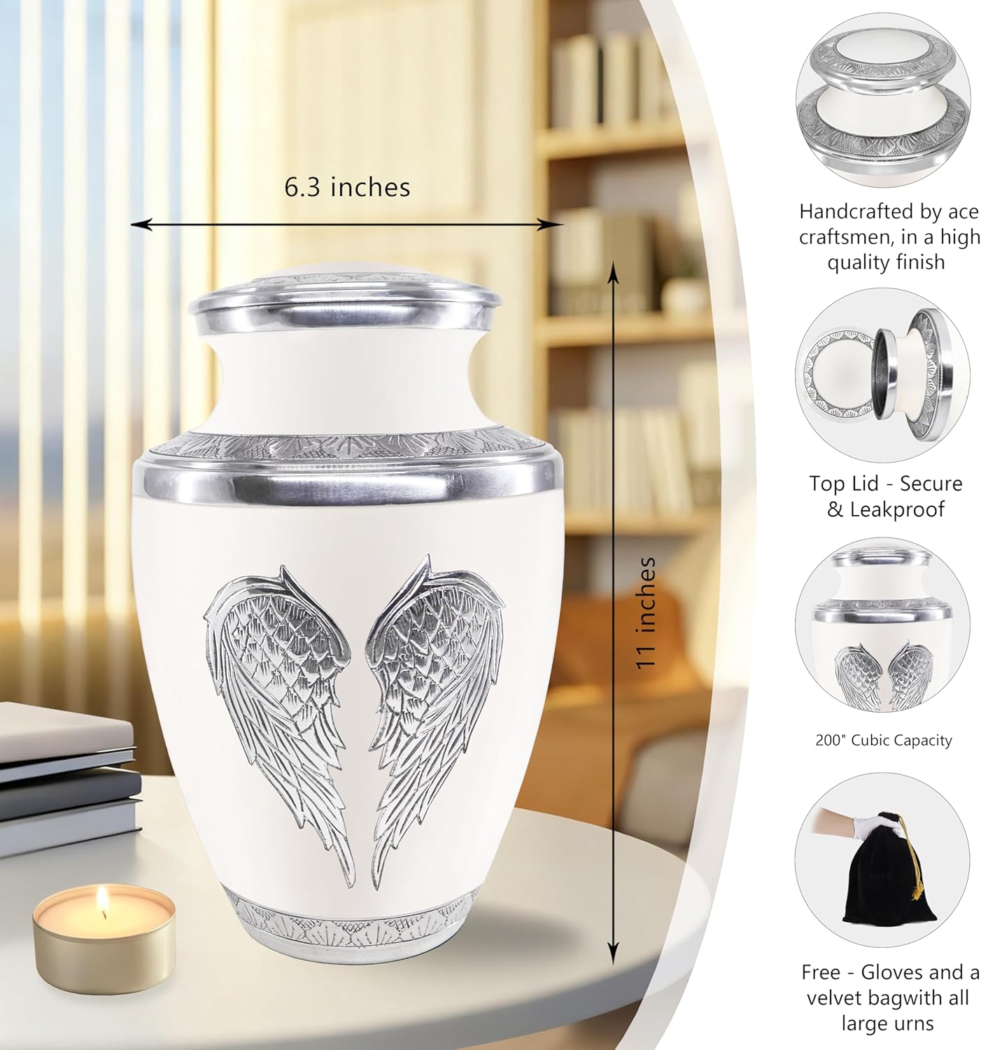 M MEILINXU Urn for Ashes for Women & Male, Cremation Urns for Human Ashes Adult Female & Man, Burial Urn, Decorative Urns for Funeral, Silver Engraved Angel Wings, White and Silvery - Large