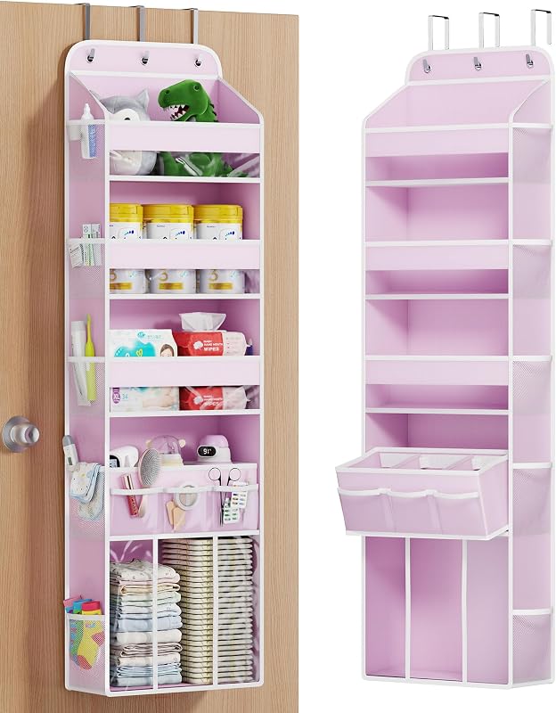 OneDream 5-Tier Over the Door Organizer, Baby Clothes Organizer for Nursery | with Removable Storage Caddy, Clear Pockets, Side Mesh Compartments, Hanging Behind Door Storage, Damage-Free Installation