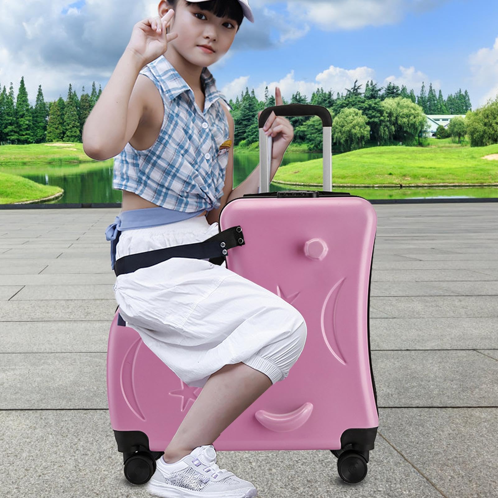Bagagli per bambini piccoli, valigia da equitazione per bambini | Valigia da montare con serratura a password a 3 cifre - Ruote silenziose da 20 pollici, cinture di sicurezza, manubri e pedale, Color | Bagaglio a Mano per Bambini Bambini 6-12 Anni Bagagli