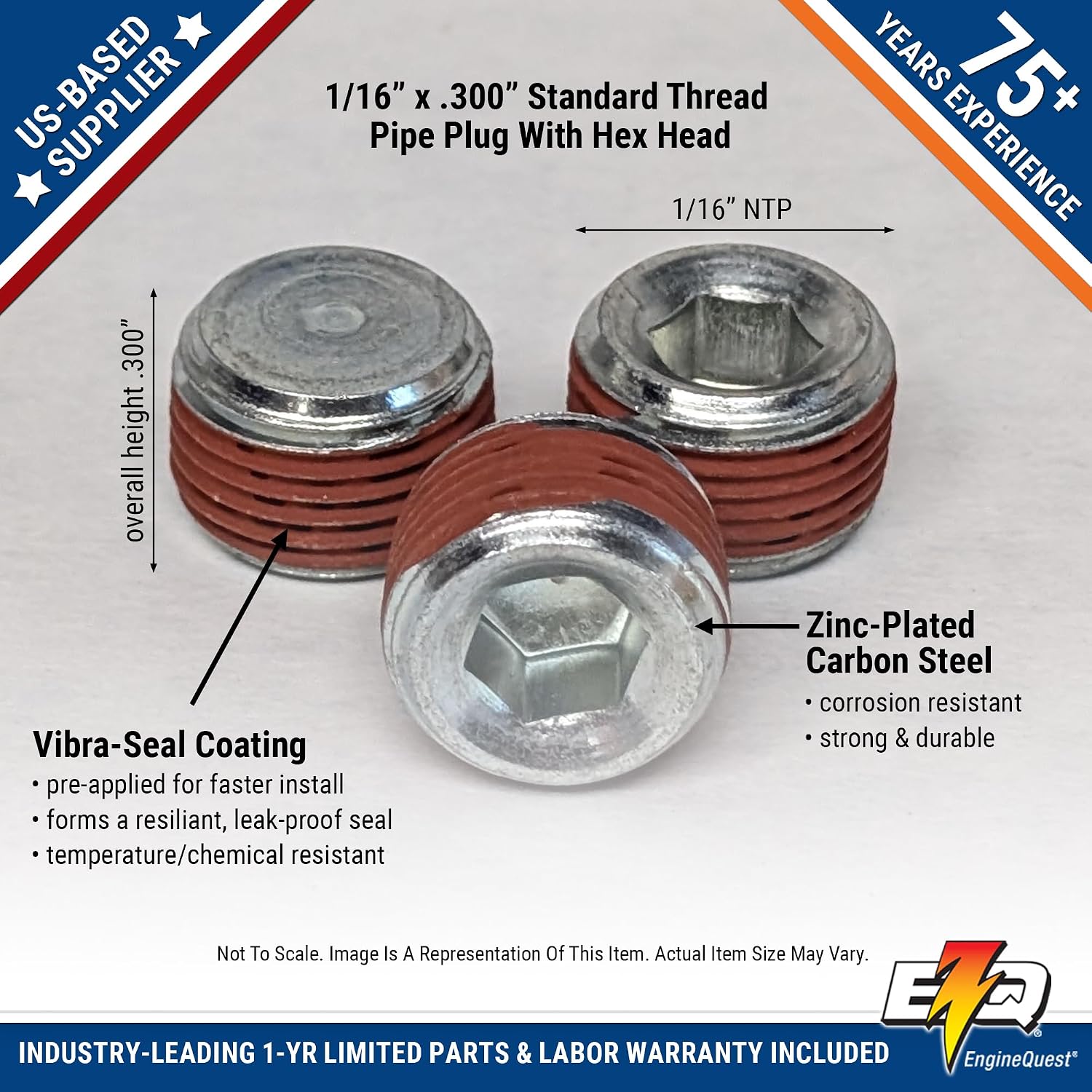 1/16" NPT Pipe Plug, Vibra-Seal Coating, Pack of 10 | 1/16" X .300” NPT Threaded | Leak-Proof Seal | Durable Performance