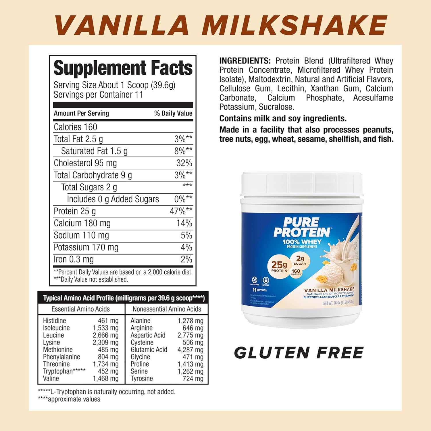 Pure Protein Powder, Whey, High Protein, Low Sugar, Gluten Free, Vanilla Cream, 1 lb - Image 4