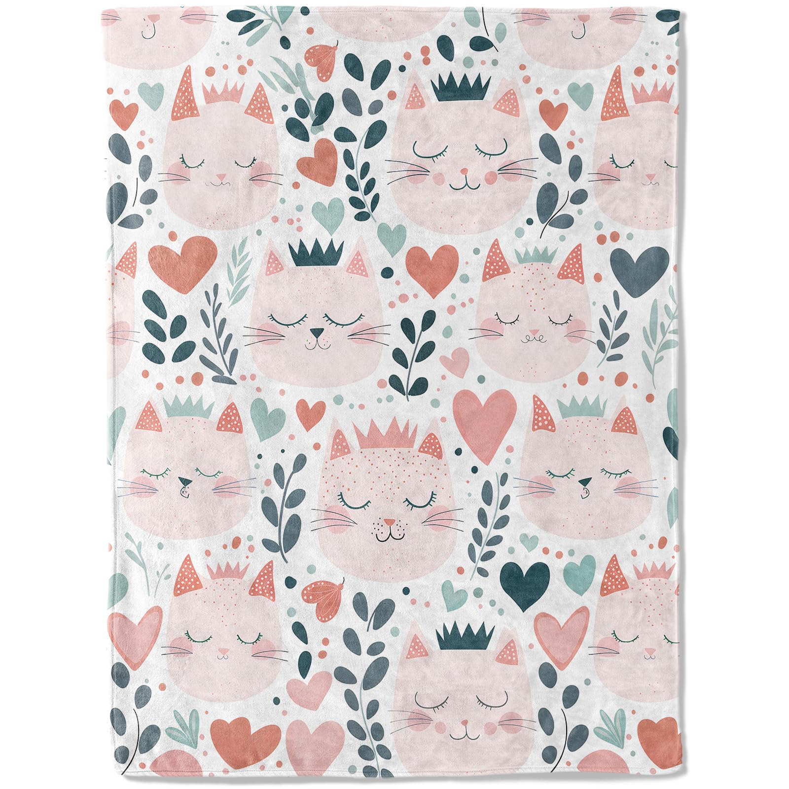 ainori Cute Cat Faces Flannel Blanket - Cartoon Kitten Heart and Crown Throw - Lightweight Soft Cozy Gifts Blankets for Kids & Pet Lovers,Modern Home