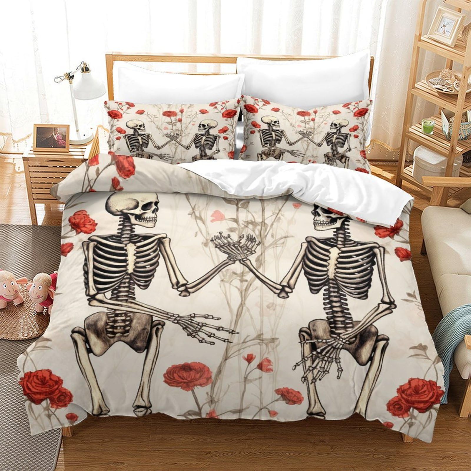 P1S9U7W5Y 3D Printed Skeleton Rose Duvet Cover Set 3pcs Microfiber Skeleton Rose Bedding Set King