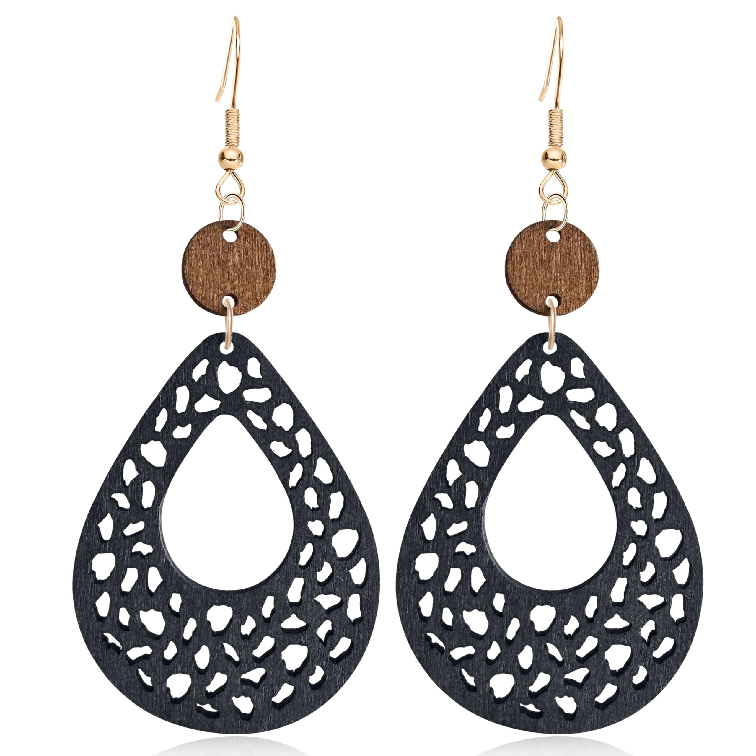 NONQL Handmade Lightweight Bohemian Retro Hollow Wooden Round Earrings Boho Big Teardrop Oval Circle Dangle Earrings for Women Statement Geometric