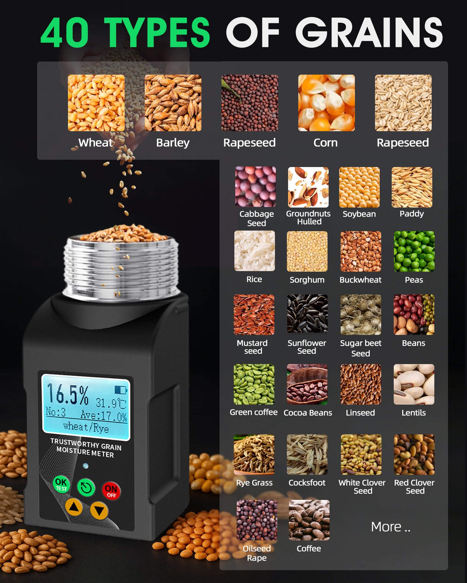 Wile Getreidefeuchtigkeitsmesser Misuratore di Umidità per Cereali per 40 Colture, Tester Digitale con Temperatura, per Grano, Mais, Orzo, Riso, Soia e Colza