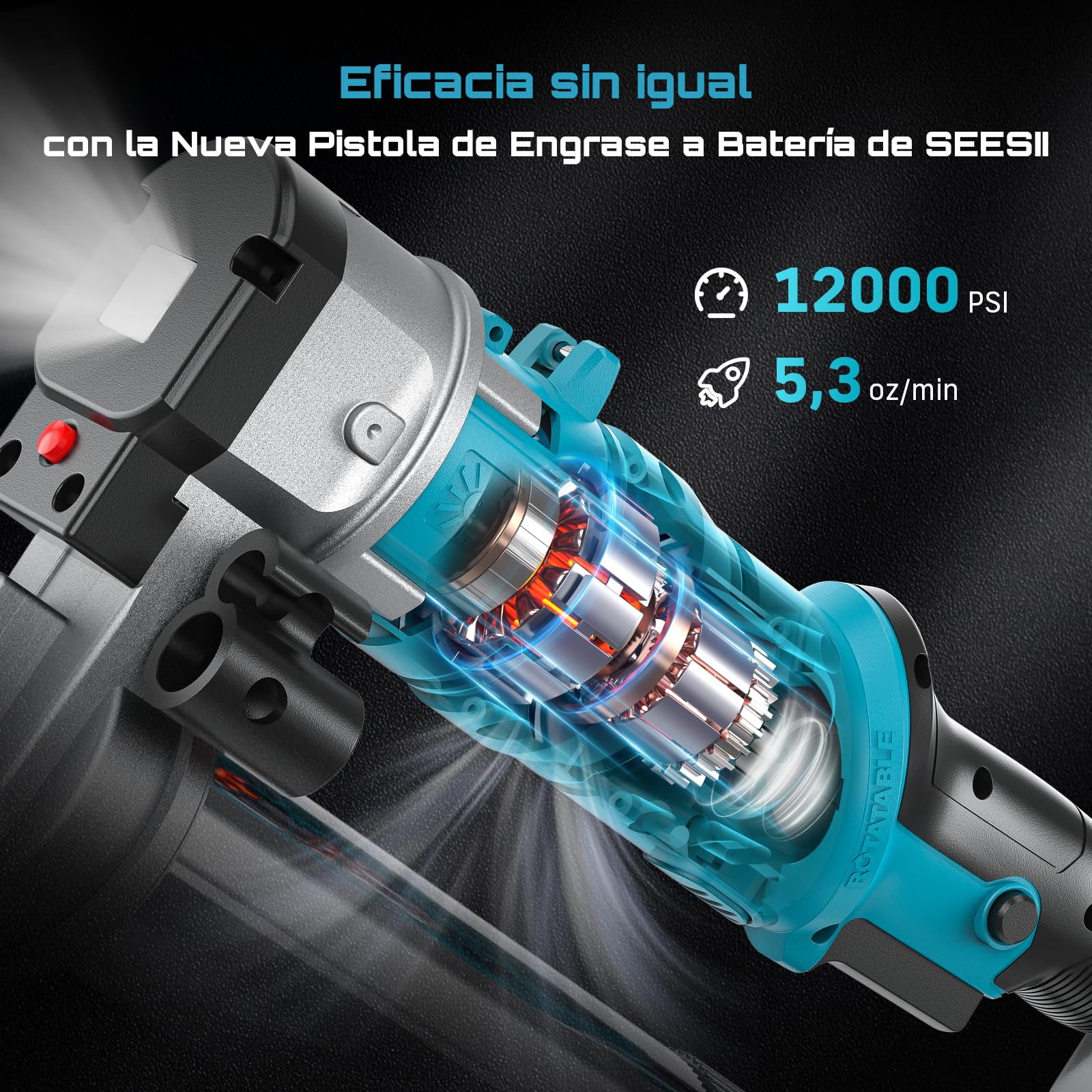 Seesii Innovadora Engrasadora Bateria 2 en 1: Kit de Pistola Engrasadora de 5,3 oz/min 12000 PSI de Alta Eficiencia con 2 * Baterías de 2,0Ah y Cargador, Pistola de Engrasar Fácil de Usar