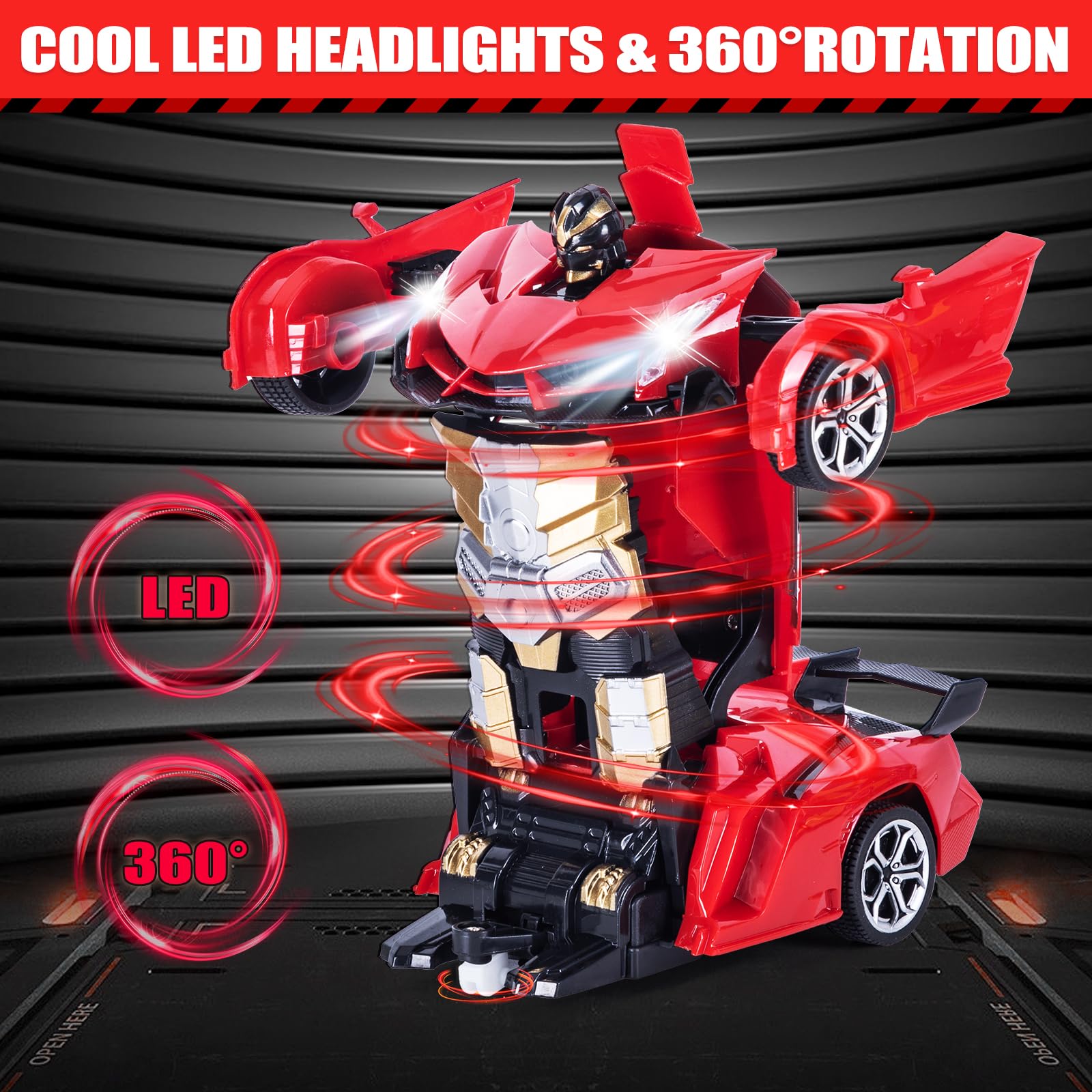 Highttoy Macchina Telecomandato Robot,Auto Telecomandata Robot Rotazione 360° con Rilevamento Gesti, Luce e Musica Trasformatore Giocattoli Bambini 3 4 5 6 7 8 Anni Robot Giocattolo Bambina Rosso