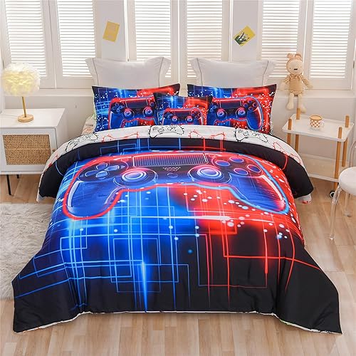 Miniatura 8 de Meeting Story Juego de ropa de cama con estampado de consola de videojuegos fluorescente, color rojo y azul, juego de ropa de cama para niños,