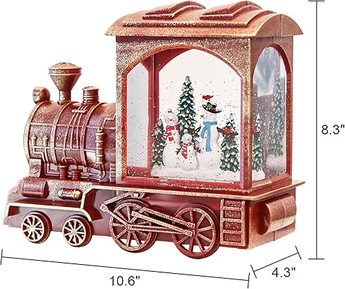 Miniatura 5 de GenSwin Muñeco de nieve de tren de Navidad, funciona con pilas, con luces musicales, de nieve, nieve, brillante, con temporizador, decoración