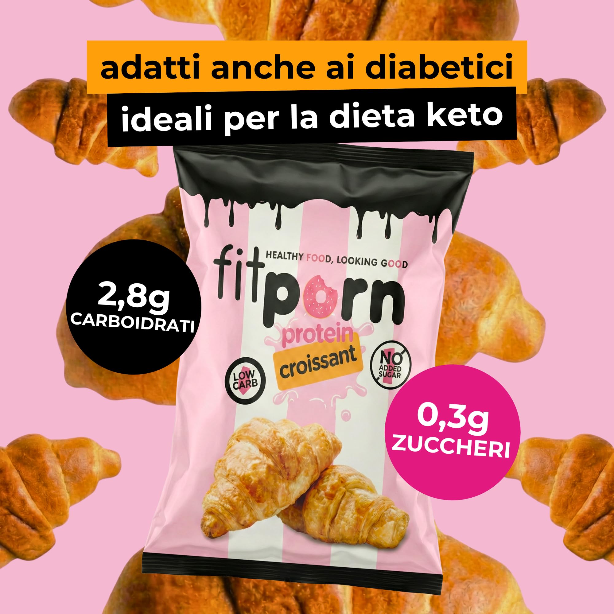 Fitporn - 25 Cornetti Proteici Low Carb al Naturale, Brioches Senza Zucchero Con 16% di Proteine, Ideali per Dieta Chetogenica, a Basso Indice Glicemico