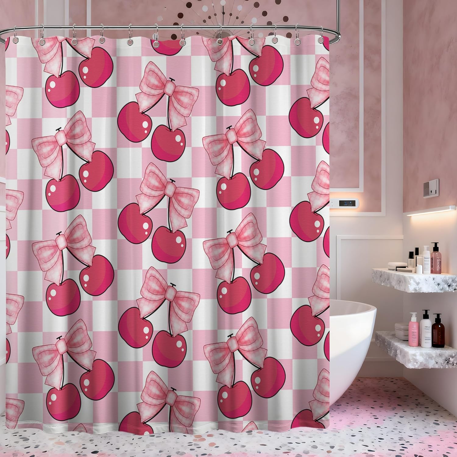 Pink Cherry Bow Shower Curtain, Light Pink and White Checkered Preppy Y2k Shower Curtains for Girls Bathroom Decor, Waterproof Fabric 70 x 84 inch with Hooks