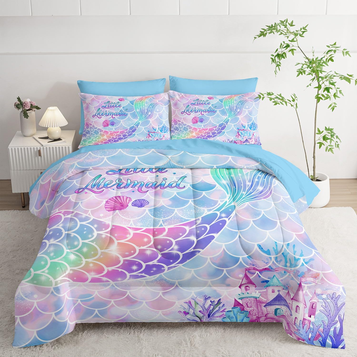 7Pcs Comforter Set Rainbow Mermaid Tail Printed Bedding Set with 1 Comforter, 1 Flat Sheet, 1 Fitted Sheet and 4 Pillowcases for Girls Bedroom All Season(Mermaid-3 Full)