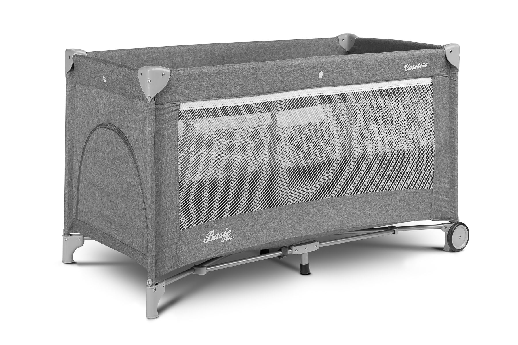 CARETERO - Łóżeczko turystyczne z materacem 120x60 cm, Basic Plus - Składane łóżeczko turystyczne dla dzieci do 15 kg - Od urodzenia do 4 lat - W zestawie torba transportowa - Szary