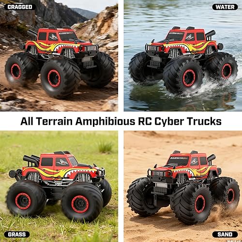 Vista 3 de WayEee Coche de juguete a control remoto para niños de 6 años en adelante, juguete de camión monstruo impermeable, camioneta anfibia 4 x 4, Rojo