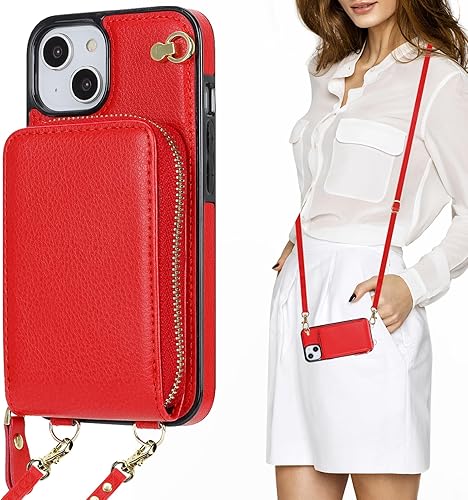 Miniatura 9 de KIHUWEY Funda tipo cartera cruzada para iPhone 13, iPhone 14, funda con bolsillo con cremallera y soporte para tarjetas, funda protectora de piel