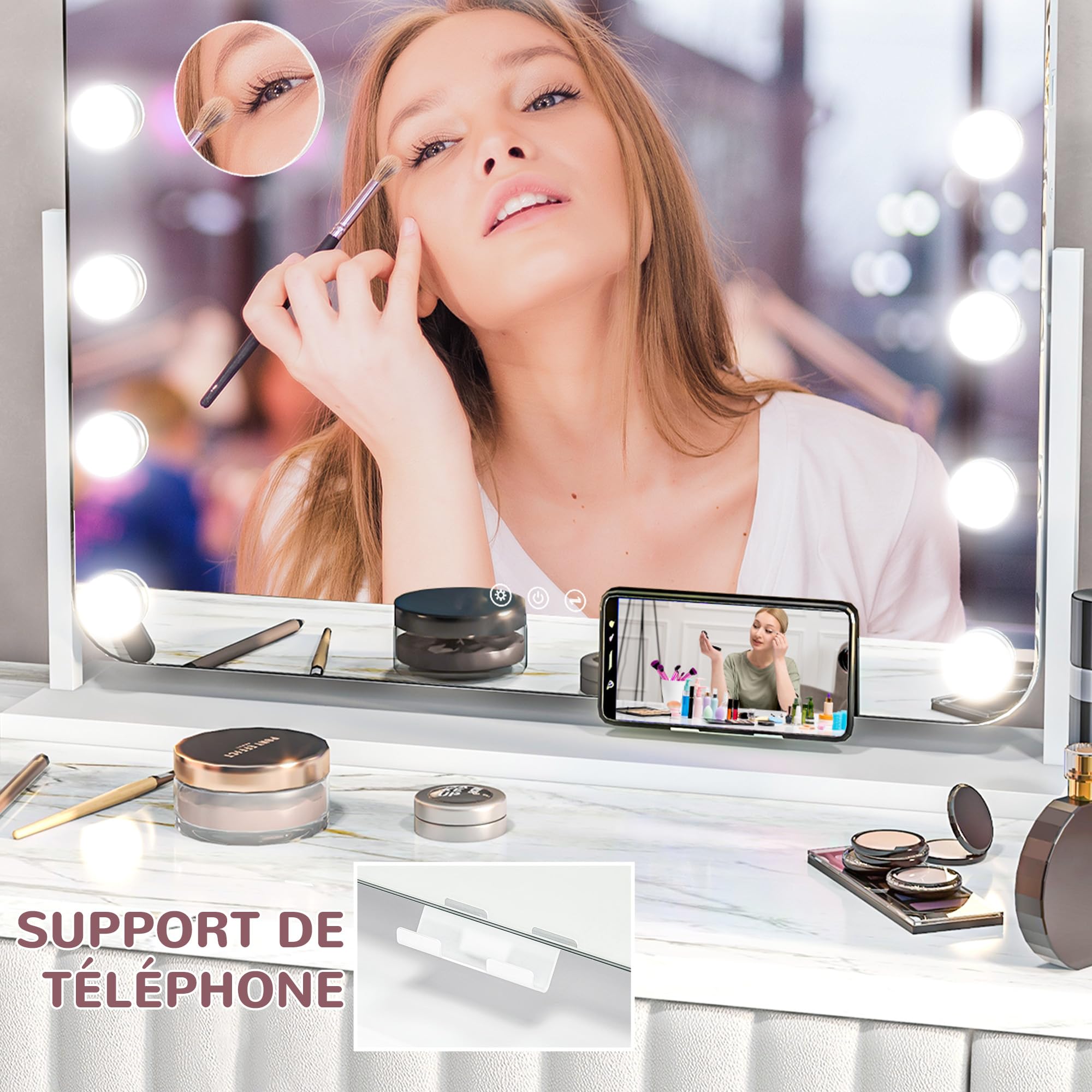 HOMCOM Miroir Maquillage Hollywood Lumineux 15 LED Dimmables 63 x 50 cm | Miroir Coiffeuse, Glossissant 10X, Charge USB, Support de Téléphone, Rotation à 360°