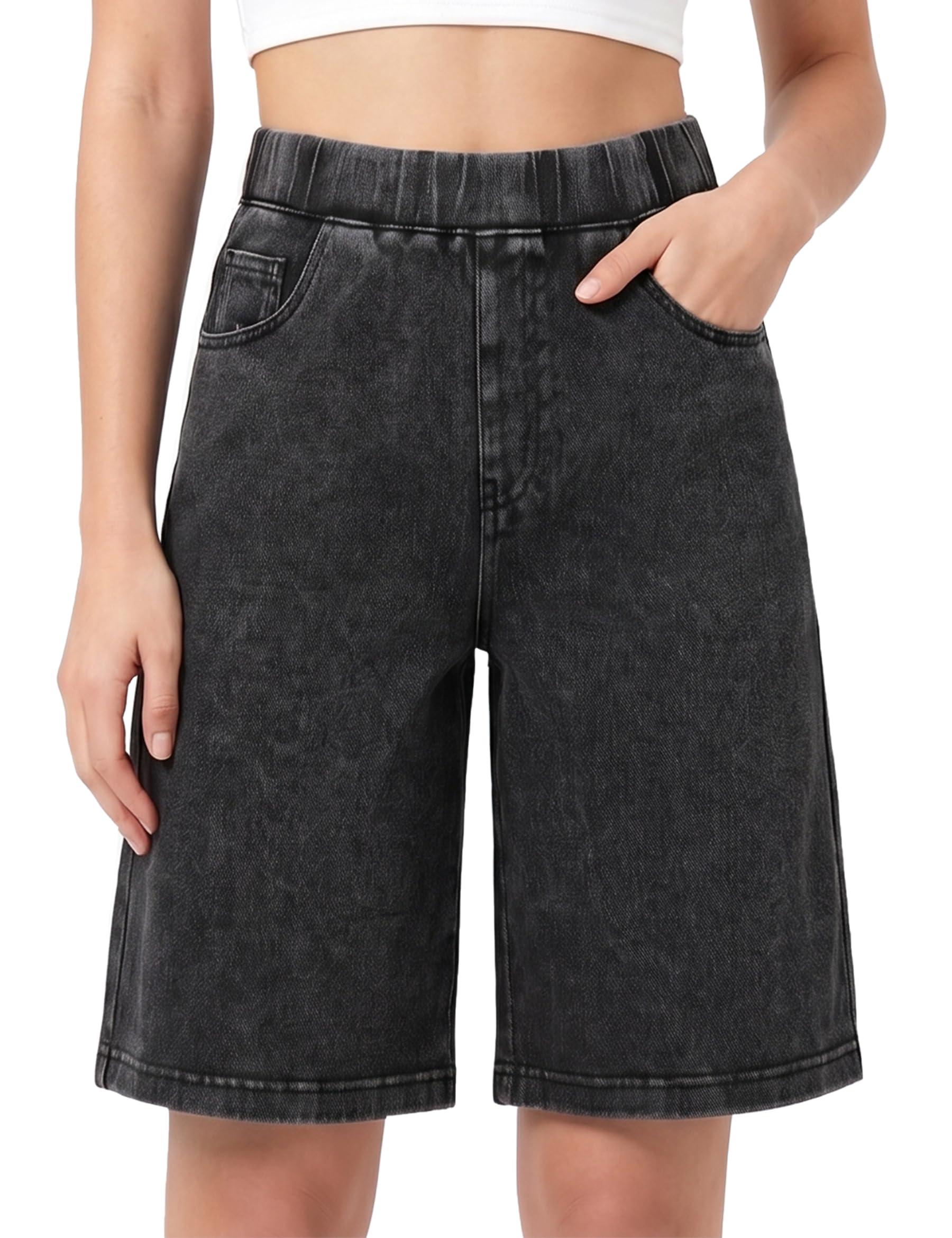 Fengbay Bermuda en jean pour femme, longueur genou, pour l'été, élastique | Short en jean décontracté, taille haute, taille haute, en coton doux, avec poches, pour femme, quotidien, extérieur