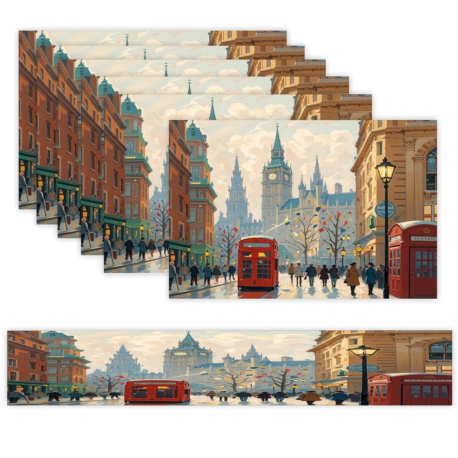 London Impression Placemats Set of 6 and Table Runner for Holiday Party Kitchen Dining Table Decor Farmhouse Style Washable Table Mat Set Heat Resistant Linen Place Mat Sets