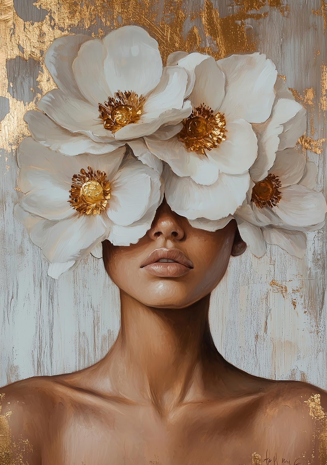 STYLER Henriette Płótno ścienne 70 x 100 cm (gotowe do powieszenia) Ekspresyjny portret I Kobieta z białymi kwiatami na złotym tle I Sztuka ścienna salon sypialnia przedpokój biuro