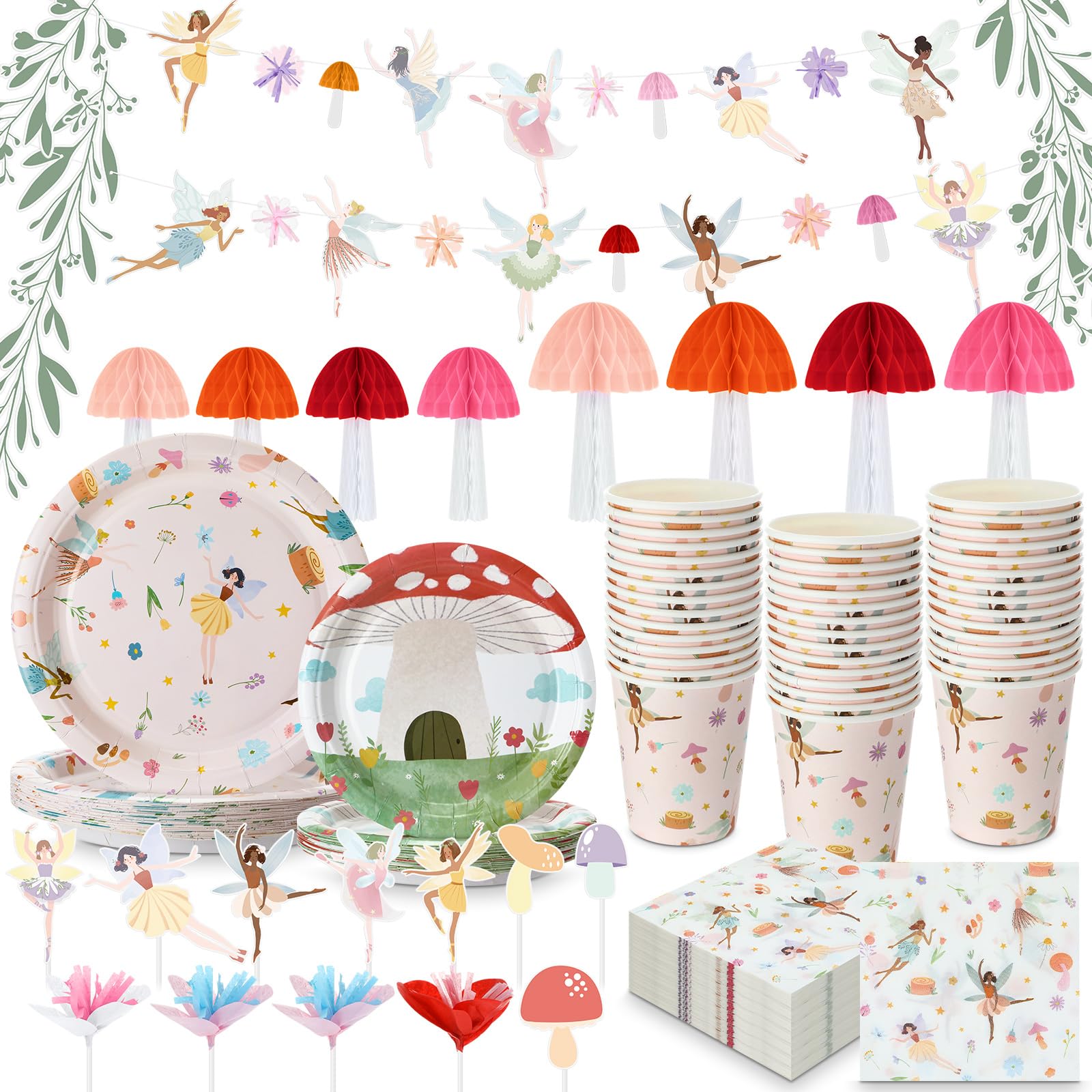 Photo 1 of Honeydak 132 Pcs Fairy Party Supplies Decorations Include Fairy Disposable Floral Paper Plates Napkins Teacups Garland Banner Cake Topper and Honeycomb Mushroom for Spring Ballet Forest Birthday Party
