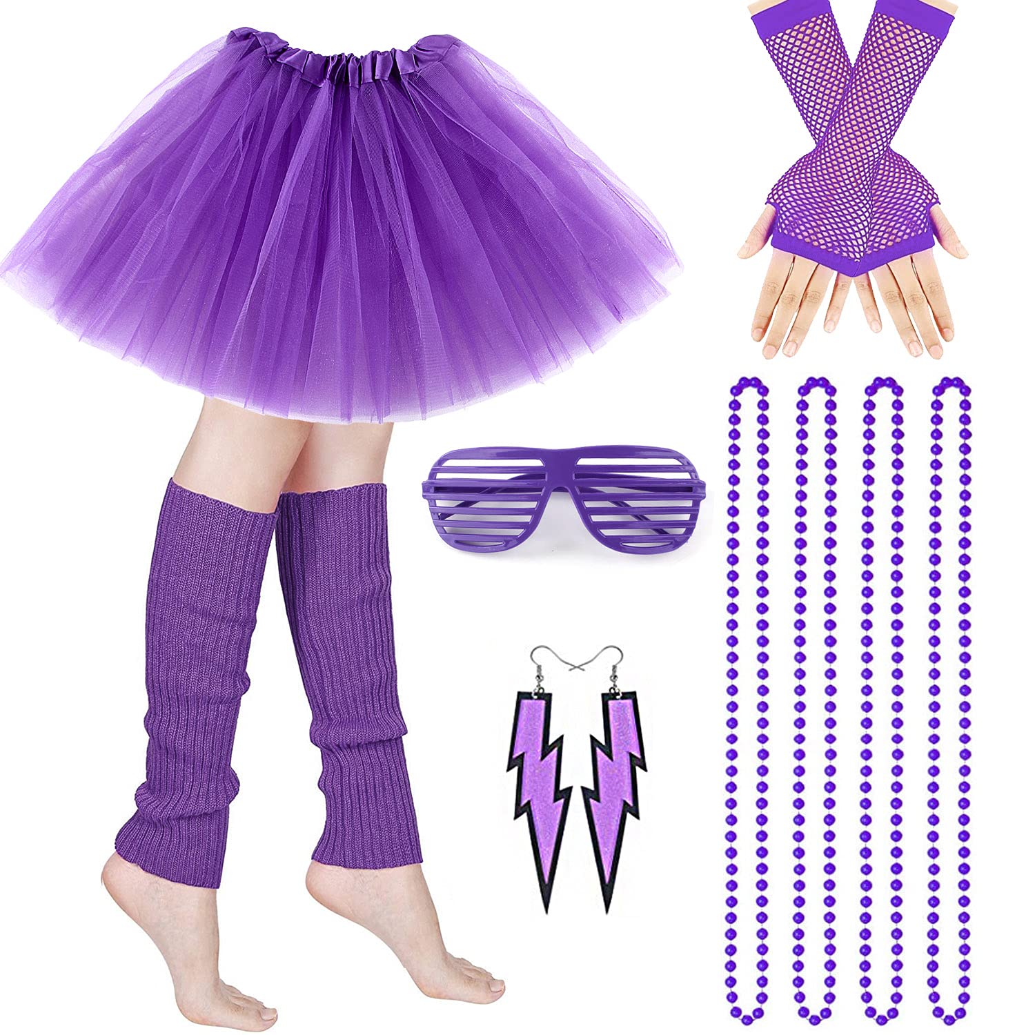 M MUNCASO Costume Anni '80 per Adulti - Set con Gonna Tutù, Scaldamuscoli, Guanti a Rete, Collane al Neon, Orecchini con Perline, Occhiali da Sole - per Feste Retrò