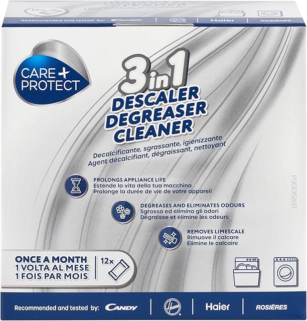 CARE + PROTECT 3 in 1 Washing machine/Dishwasher Cleaner, Limescale Remover, Degreaser, Hygienic Cleaner, Universal, 12 Sachets for 12 Months Supply