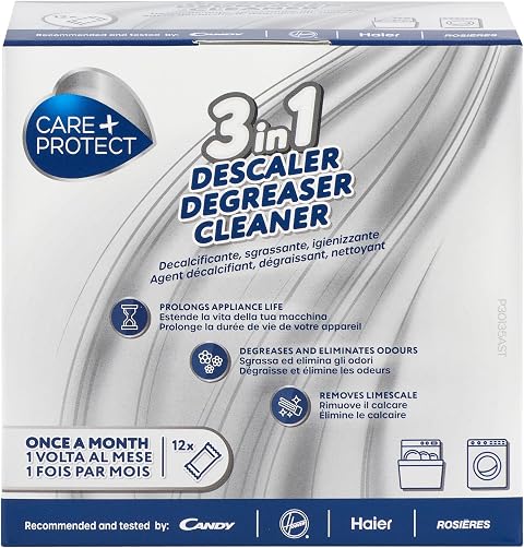 CARE + PROTECT 3 in 1 Decalcificante, Sgrassante, Igienizzante per Lavastoviglie e Lavatrice, Universale, Professionale, in Polvere, 12 Bustine per 12 Mesi di utilizzo
