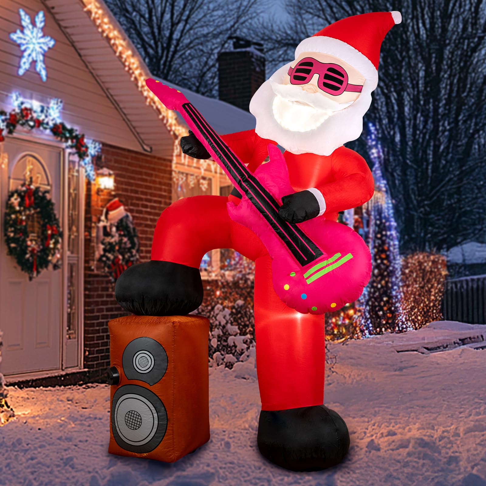 8ft christmas inflatable outdoor decorations, blow up yard decor with santa claus plays the guitar and sings while stepping on the speaker, bright led lights christmas outdoor decorations