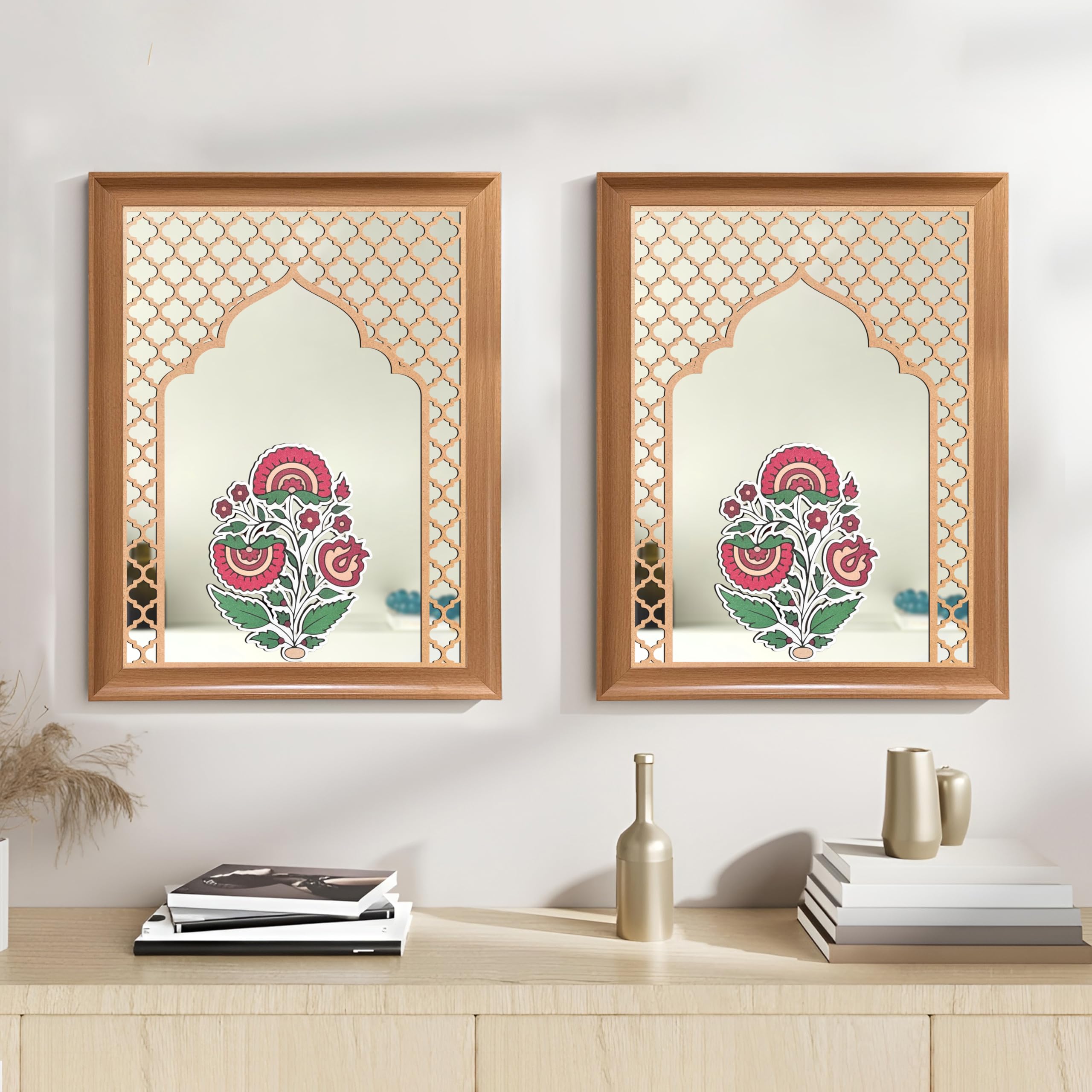 Art Street Decorative Acrylic Mirror with Floral And Mughal Design MDF Jali Set of 2 | Two Beige Jharokha Wooden Wall Mirror Panel | Use for Home Decor, Living Room, Bedroom, Hotel, Hallway-18x14 Inch-image-6