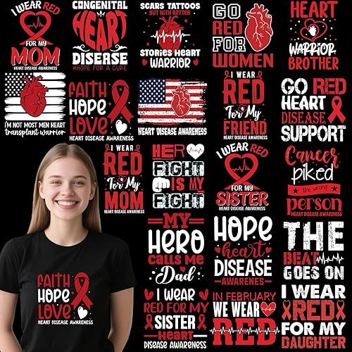 Dazoratix DTF Transfers Ready to Press - 20 Sheets Heart Disease Awareness Iron on Patches We Wear Red Ribbon Heat Stickers Vinyl Decals for Women T Shirts Clothes Bag Hat Pillow DIY Crafts Decoration