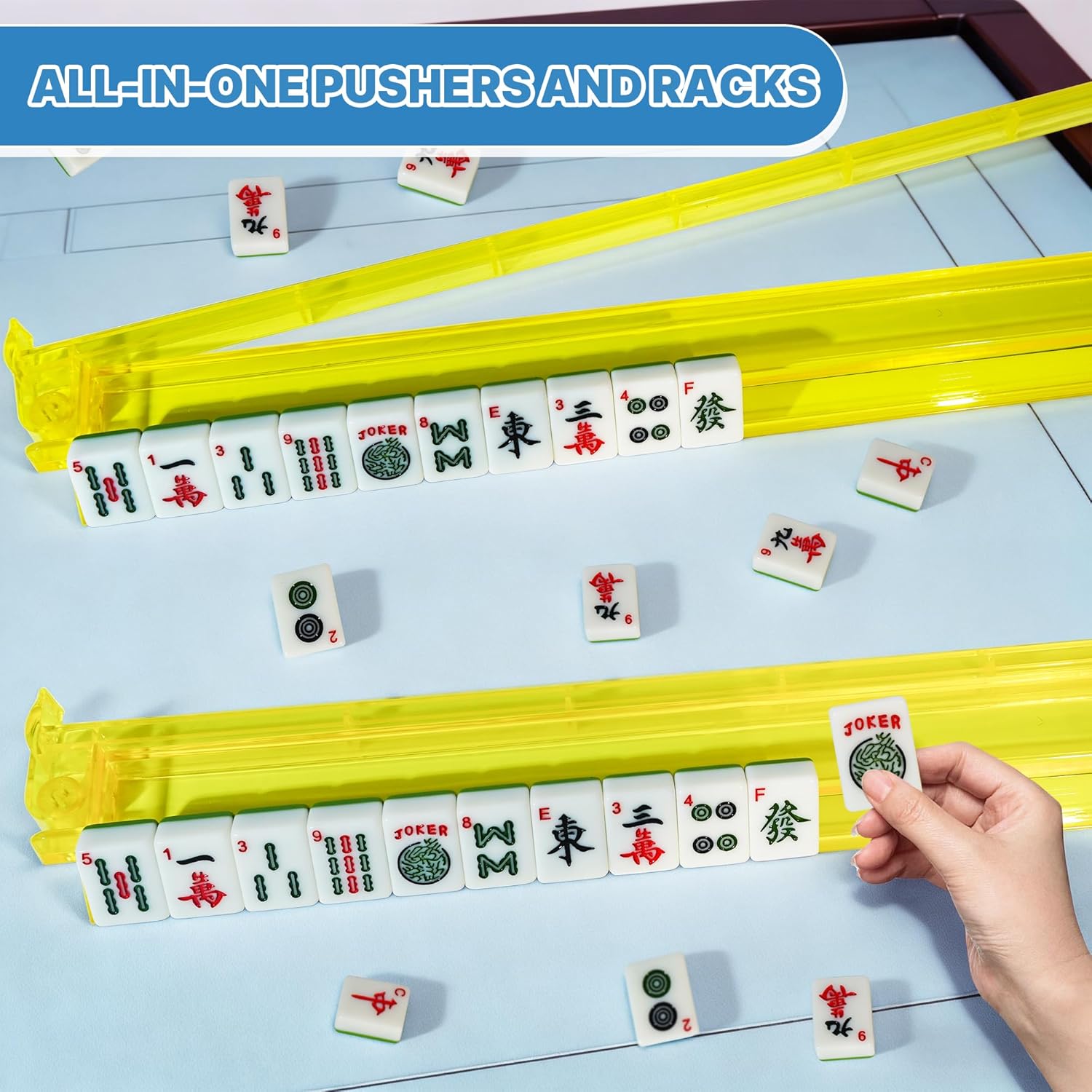 American Mahjong Tile Set with Blue Printed Carrying Bag, 154 Premium Tiles and Accessories, 4 All-in-One Rack/Pushers, Mahjong Game Set
