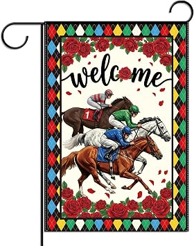 Horse Racing Welcome Garden Flag, Derby Theme Garden Flags for Outside, Red Rose Harlequin Yard Porch Lawn Decor 12" x 18"