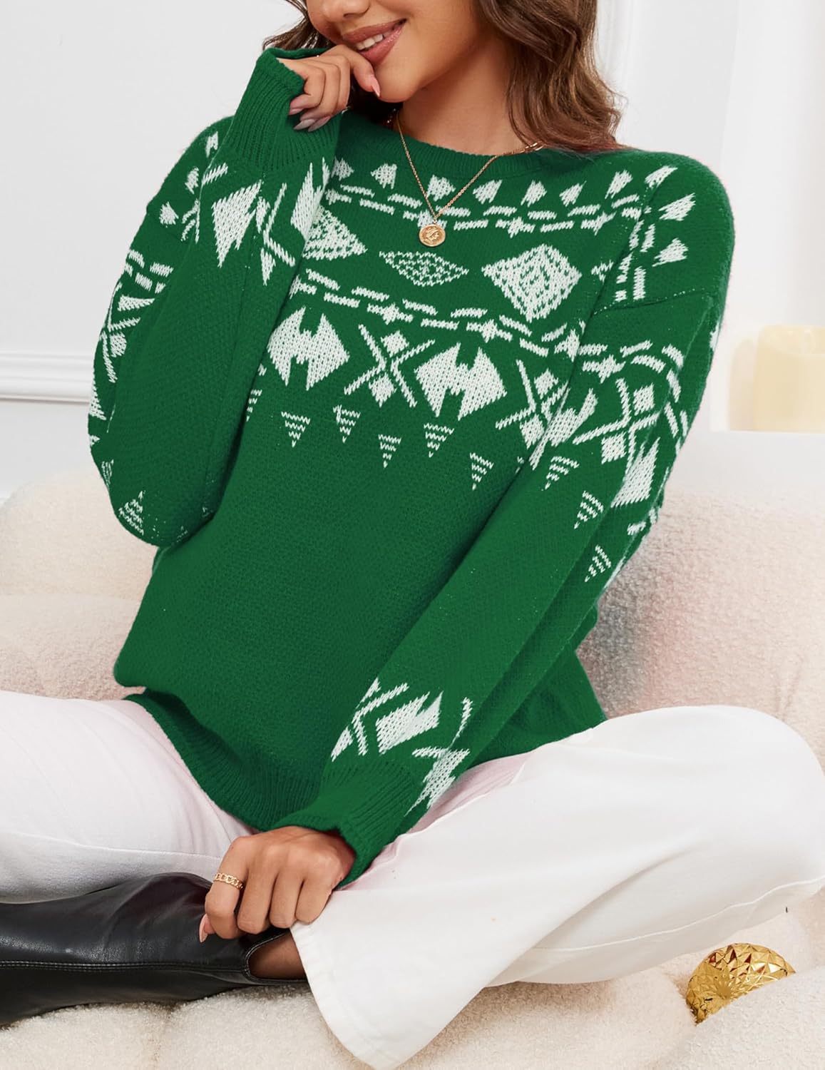 Womens Aztec Print Casual Sweater Tribal Pattern Loose Knit Jumper Pullover Long Sleeve Graphic Crewneck Sweaters - Image 2