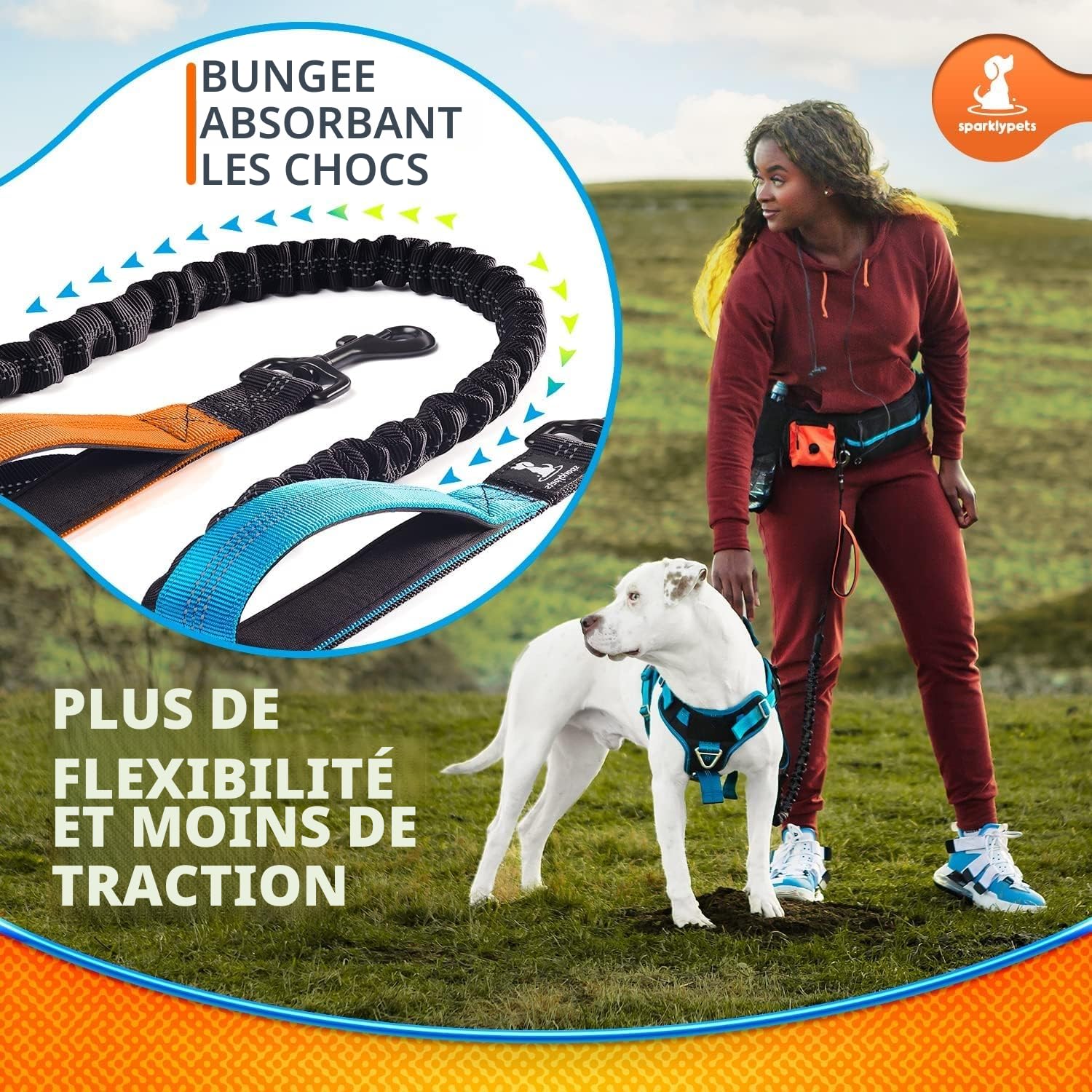 SparklyPets Active Waist Leash pour Promener Le Chien – Laisse Mains Libres – Complet avec Support de téléphone, Sac à déjections Canines Amovible, Pochette à friandises pour Chien et Porte-Bouteille