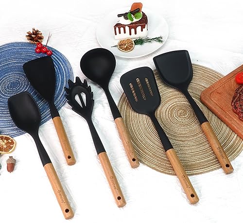 Miniatura 9 de Juego de utensilios de cocina de silicona grande, juego de 6 utensilios de cocina antiadherentes con mango de madera, resistente al calor y sin BPA,
