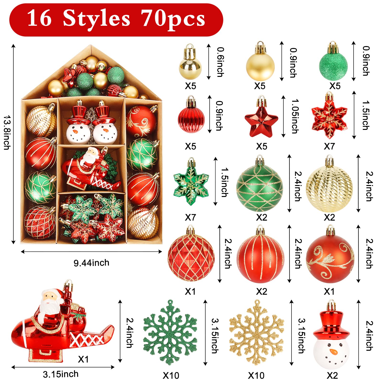 YONTINY 70Pcs Christmas Tree Baubles, Christmas Tree Ornaments Decorations Set Red Gold and Green - Image 3