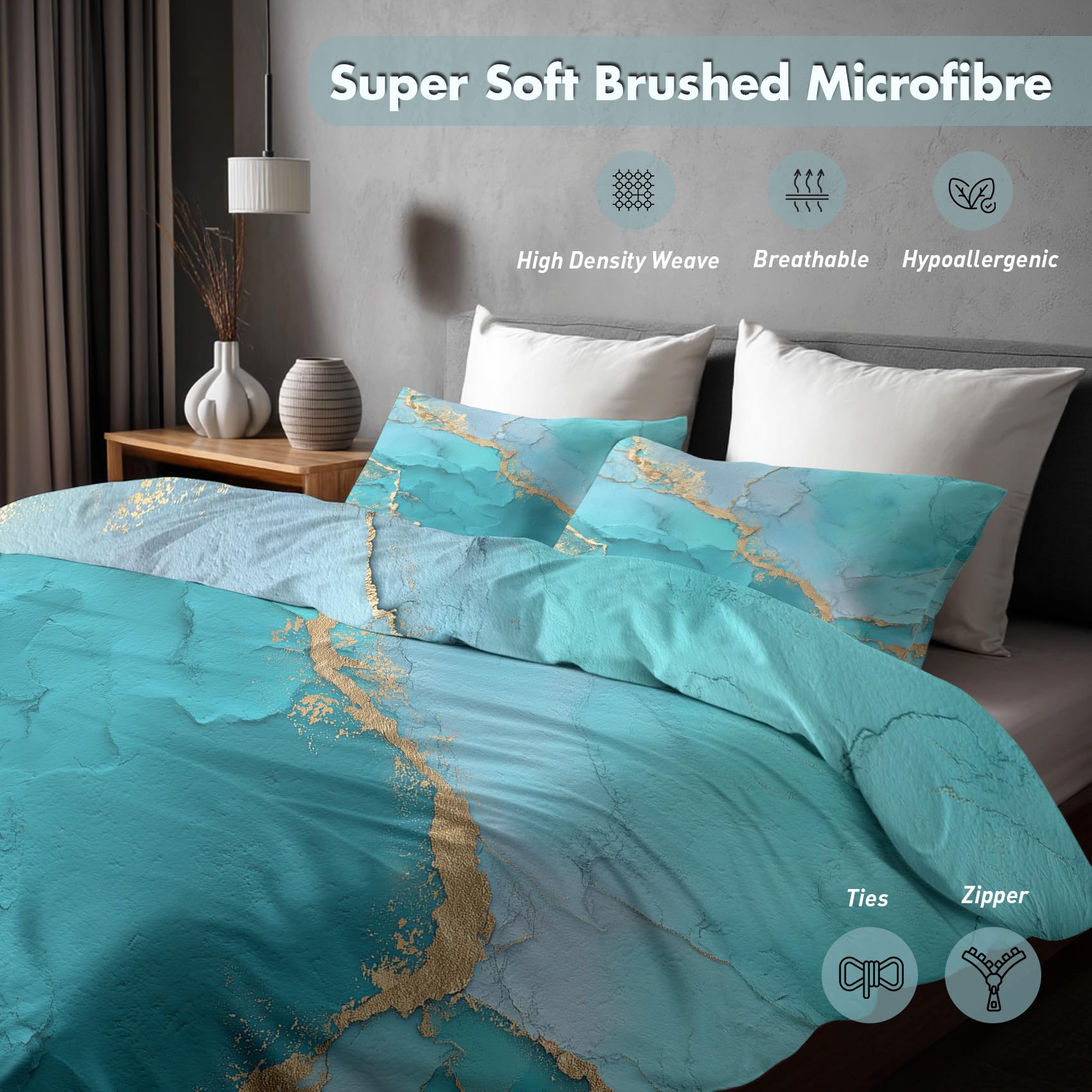 Generisch Bettwäsche 200x220 Türkisfarbener Marmor Design, 3tlg - Gold Aqua Blau Bettbezug und 2 Kissenbezug 80x80, Mikrofaser Wendebettwäsche mit Reißverschluss, Schlafzimmer Deko N&-4046