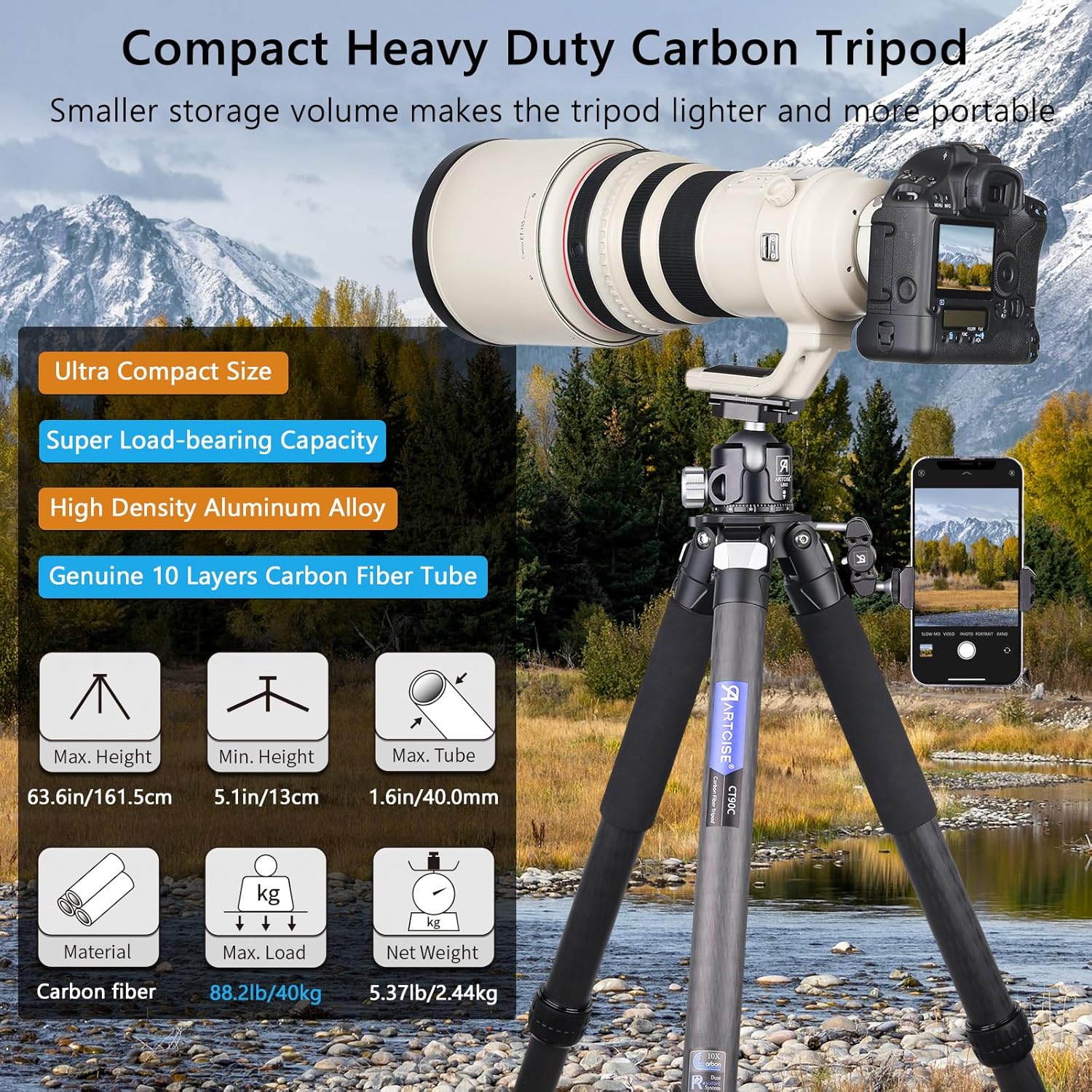 ARTCISE Heavy Duty 40mm Max Leg Tube Carbon Tripod Compact Carbon Fiber Travel Tripod 63.6in/162cm Height Stable Lightweight Stand for DSLR Video Camera Max Load 40kg