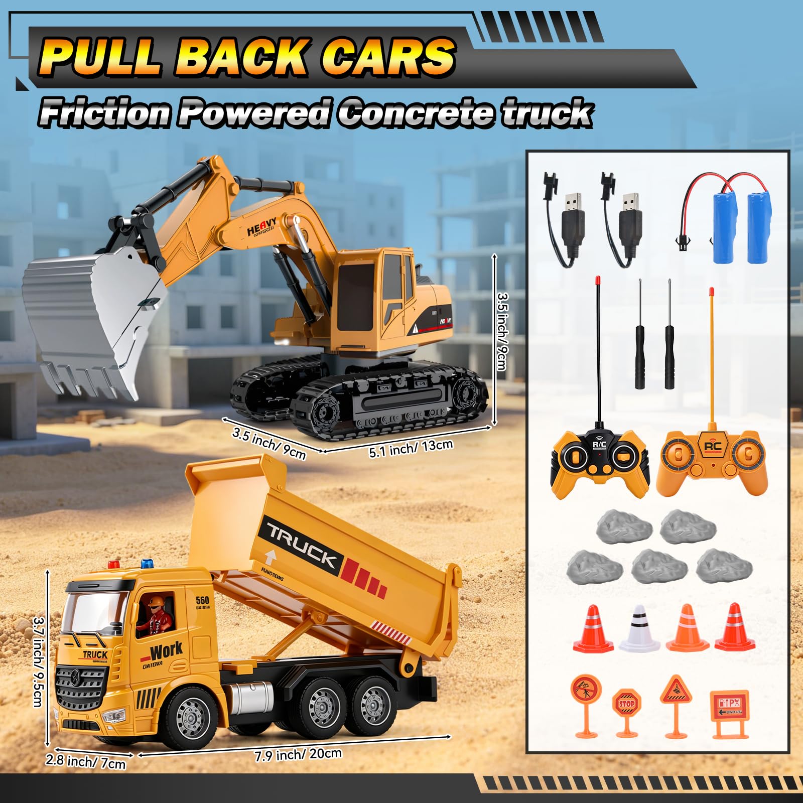 Excavadora Teledirigida y Camión Volquete Juguete, 2,4 GHz Coche Teledirigido Juguete, Vehículos de Construcción RC con Luces y Sonidos, Regalo de Cumpleaños Navidad para 3-12 Niño (A)