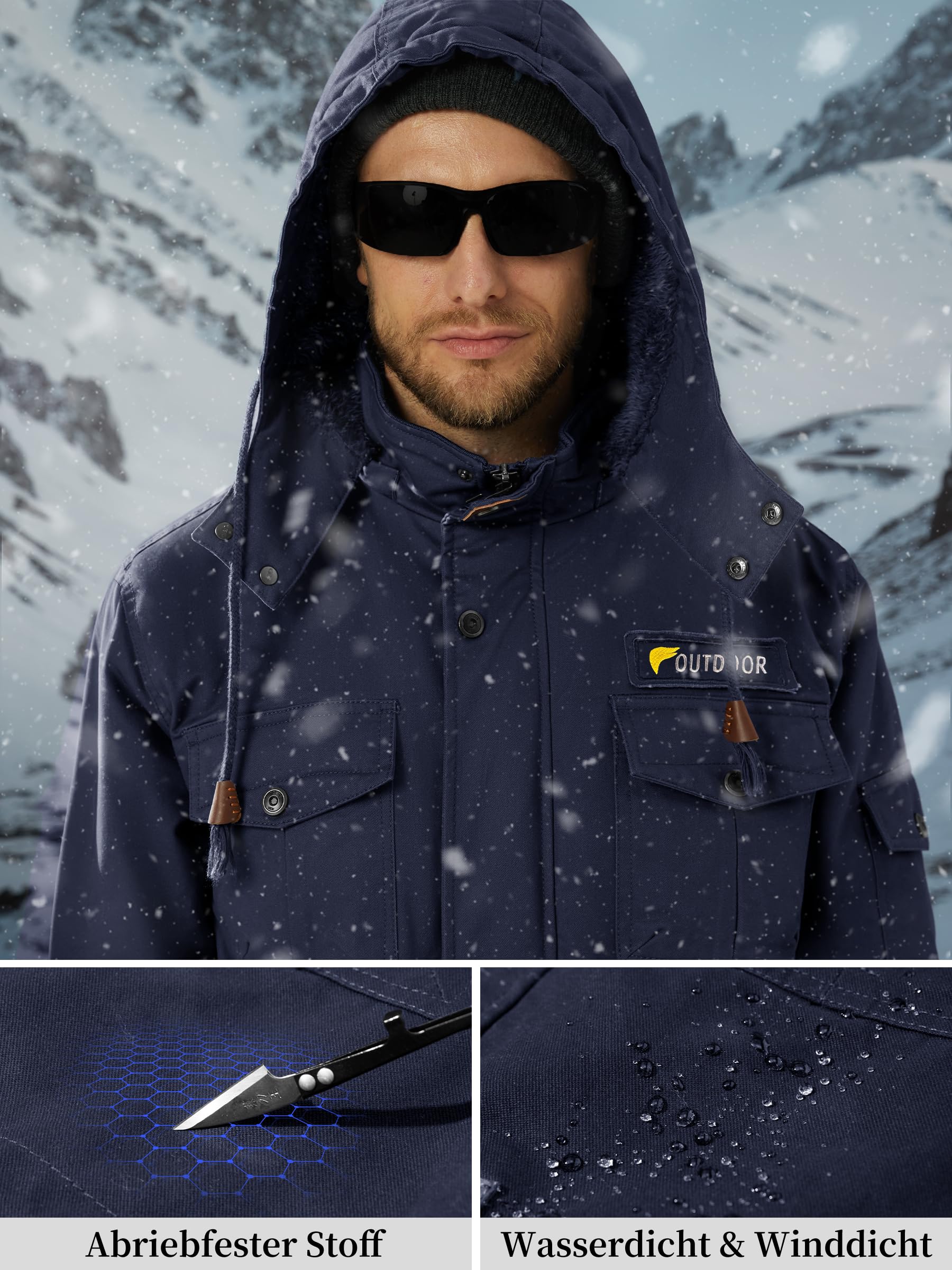 KEFITEVD Winterparka Herren Fleece Gefüttert Winterjacke mit Viele Taschen