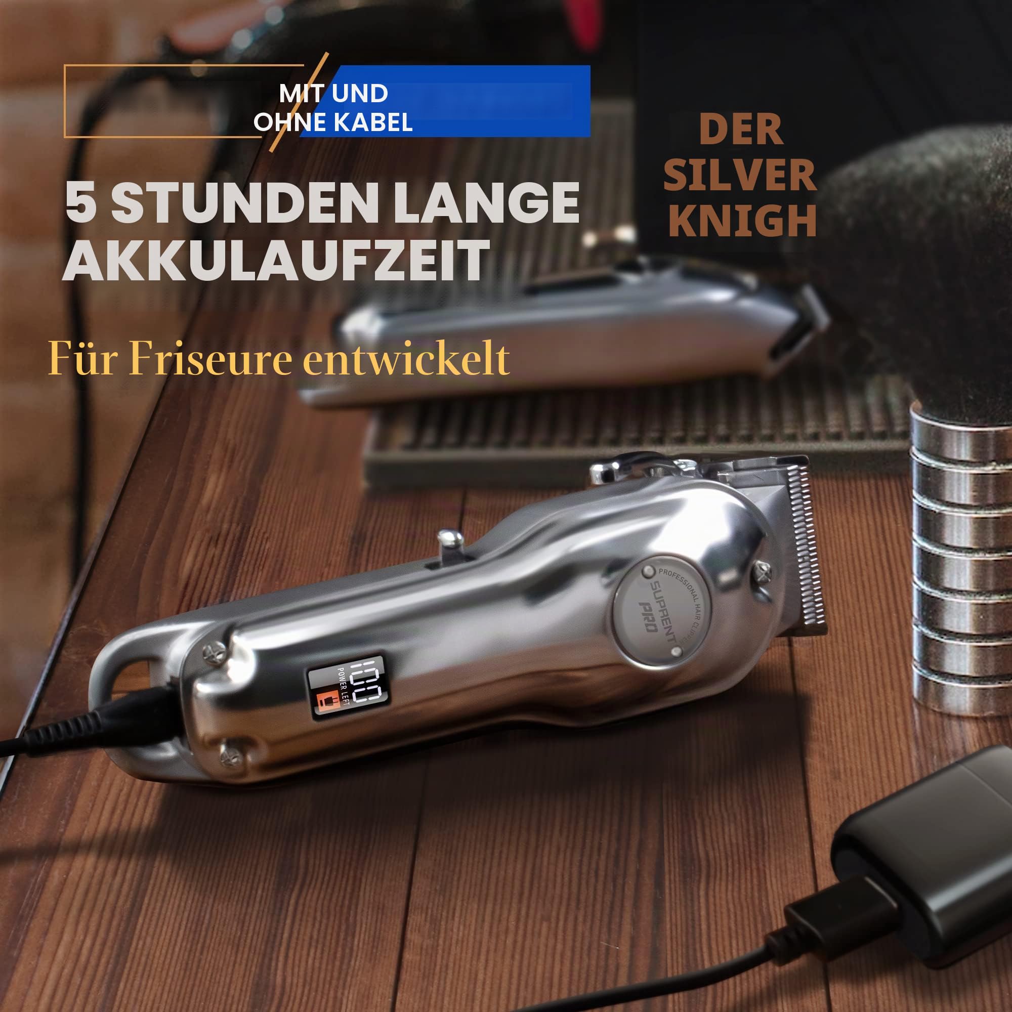 SUPRENT Haarschneidemaschine Profi-elektrischer Haar und Bartschneider Haarschneider Herren/Kinder/Frauen wiederaufladbar Haartrimmer Rasierer mit LED-Disply (Silber)