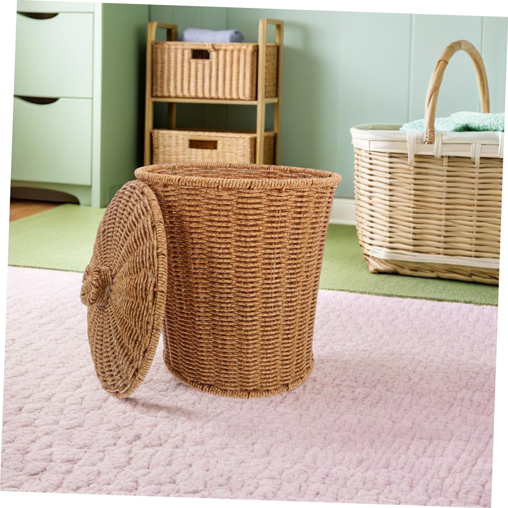 Cabilock Cesta Diseño Elegante y Apilable Tejida de Almacenamiento Solución Versátil con Tapa de Plástico y Hierro para Ropa y Objetos Domésticos