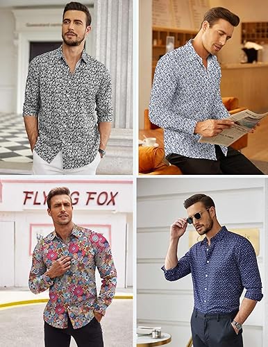 Miniatura 7 de COOFANDY Camisas de vestir florales para hombre, manga larga, ajuste regular, camisas casuales con botones