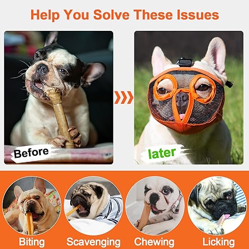 Miniatura 12 de Bozal para perro de hocico corto - Bozal ajustable transpirable de redecilla para bulldog para morder, masticar, lamer, entrenamiento, aseo de perro