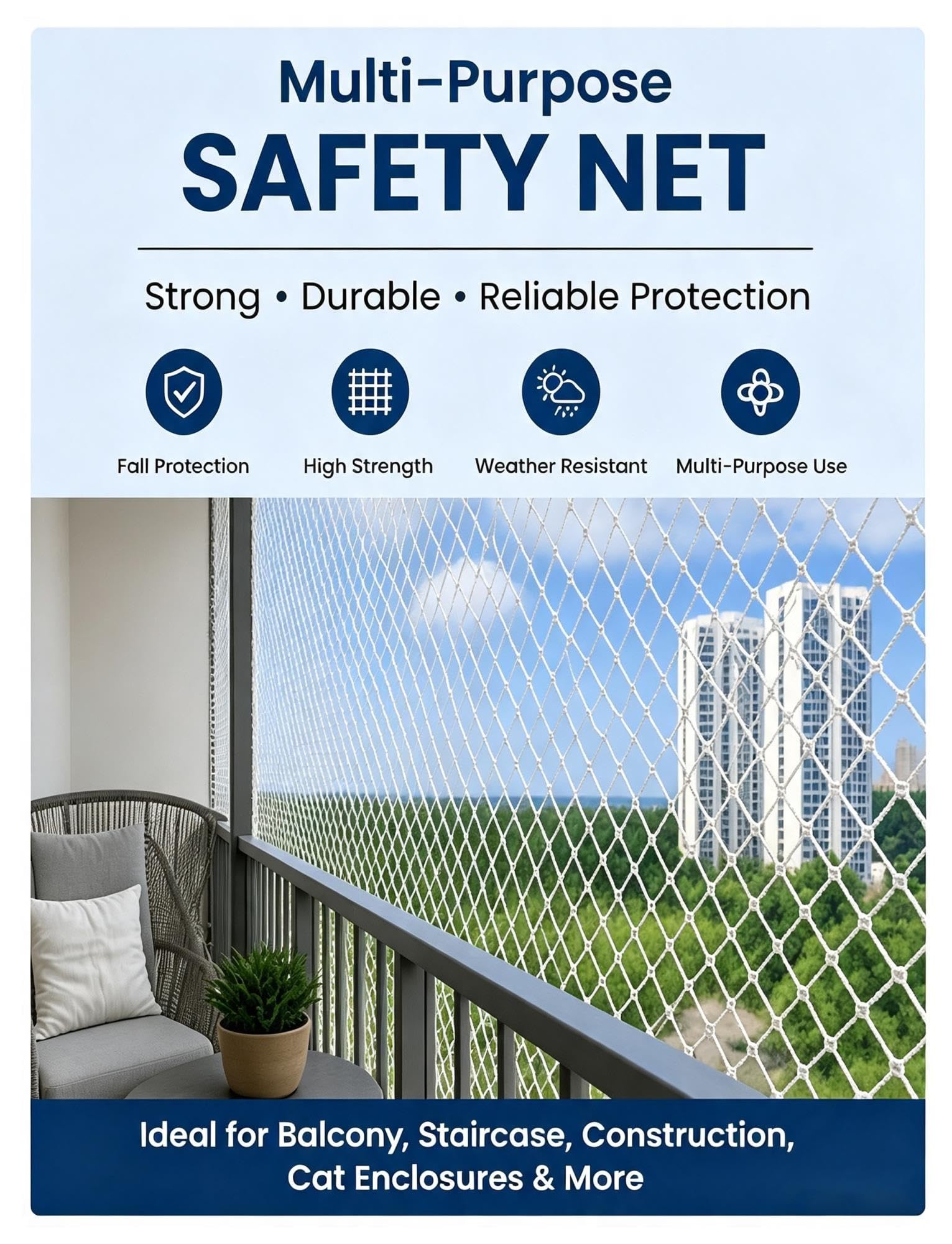 Nylon Schutznetz 5cm Masche Seilnetz Balkon Treppe Außen | Robustes Netz mit 8mm/10mm Seildurchmesser für Balkon, Garten, Baustelle und Trennbereiche(Rope D 0.8cm/8x9m)