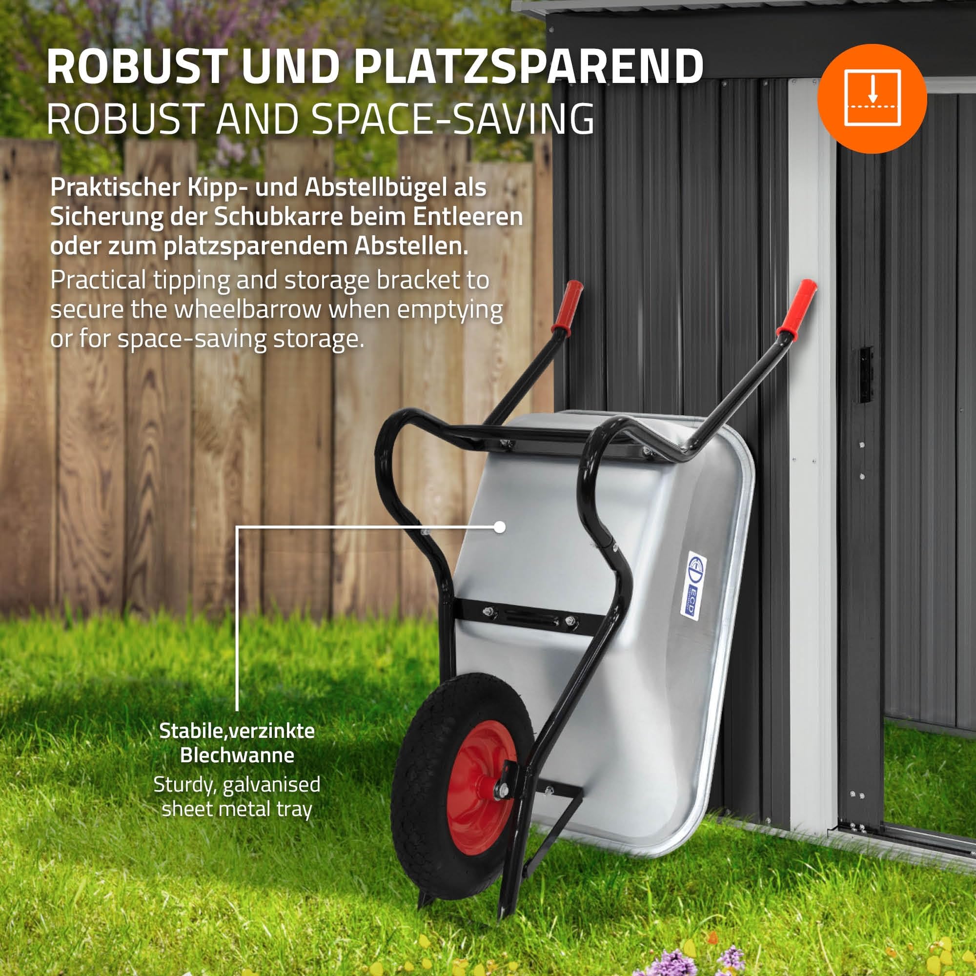 ECD Germany Carriola da Cantiere con Telaio in Metallo e Vasca in Acciaio Zincato Capacità 100 L 250 kg per Trasporto con Ruota in Gomma Pneumatico Diametro 40 cm 16" Manici Lunghi