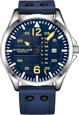 Stuhrling Original Mens Aviator Watch 42mm Leather Strap, Japanese Quartz Mens Watch, Day Date Display, Luminous Dial, Water Resistant, Aviator Style Watch for Men
