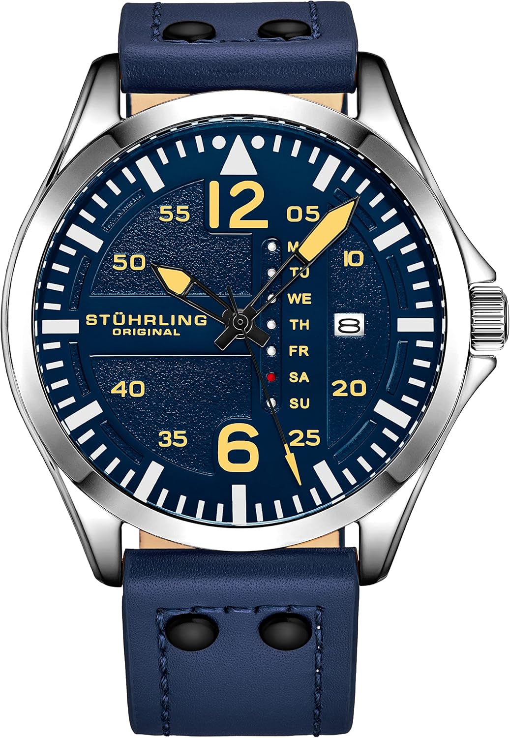 Stuhrling Original Reloj de cuero para hombre, reloj de aviación, correa de cuero con fecha de día y fecha rápida con remaches de acero, colección