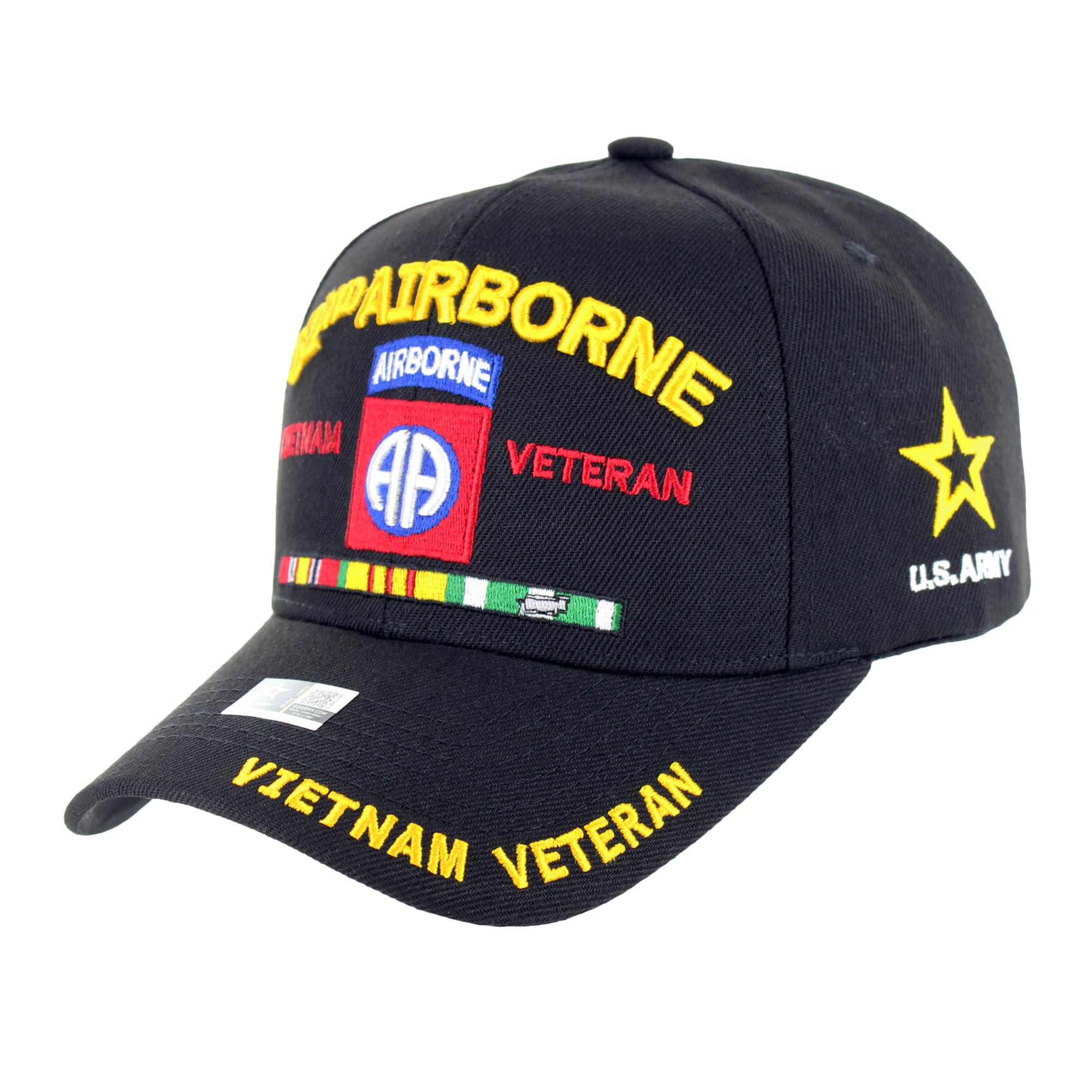 Officially Licensed U.S. Army Military Vietnam Veteran Baseball Cap - 82nd Airborne Ribbon Embroidered U.S. Flag Premium Quality Adjustable Hook-and-Loop Closur